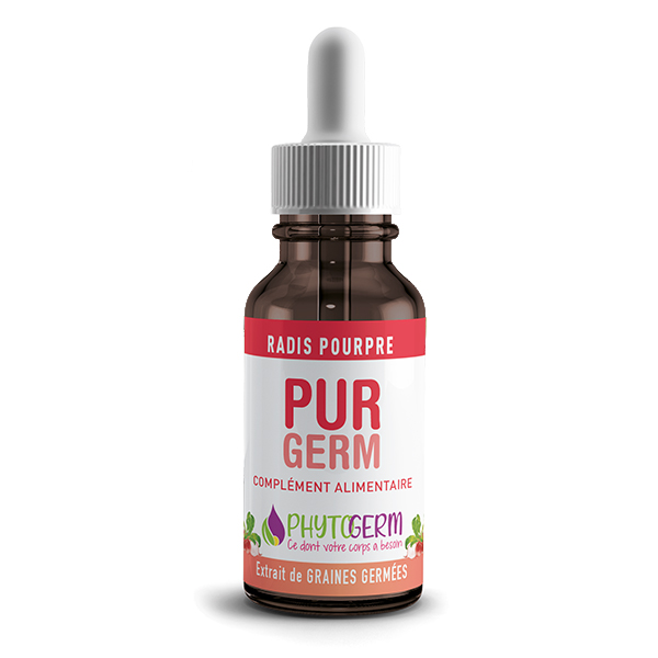 Les démarches de détox alimentaire Complément alimentaire germothérapie alimentation vivante minéraux glucides proteines lipides fibres zinc magnesium selenium vitamines liposolubles bio graines germées Complément alimentaire à base de macérats de graines germées issu de l’agriculture biologique. Complément alimentaire Pur germ radis pourpre, à base de macérats de graines germées de radis pourpre, issu de l’agriculture biologique : la germothérapie pour une alimentation vivante ! Le radis pourpre est une plante traditionnellement intégrée dans les démarches alimentaires axées sur la détoxification et l’équilibre digestif.